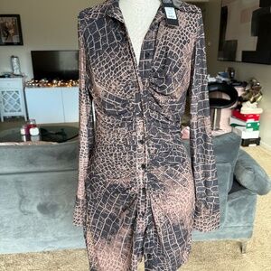 abstract animal print ruched button up dress long sleeve
